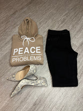 Load image into Gallery viewer, Tan Pullover Peace Over Problems Hoodie Snake Print Heels With Black Jeans
