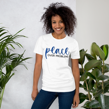 Load image into Gallery viewer, White + Blue Cursive P.O.P. T-shirt
